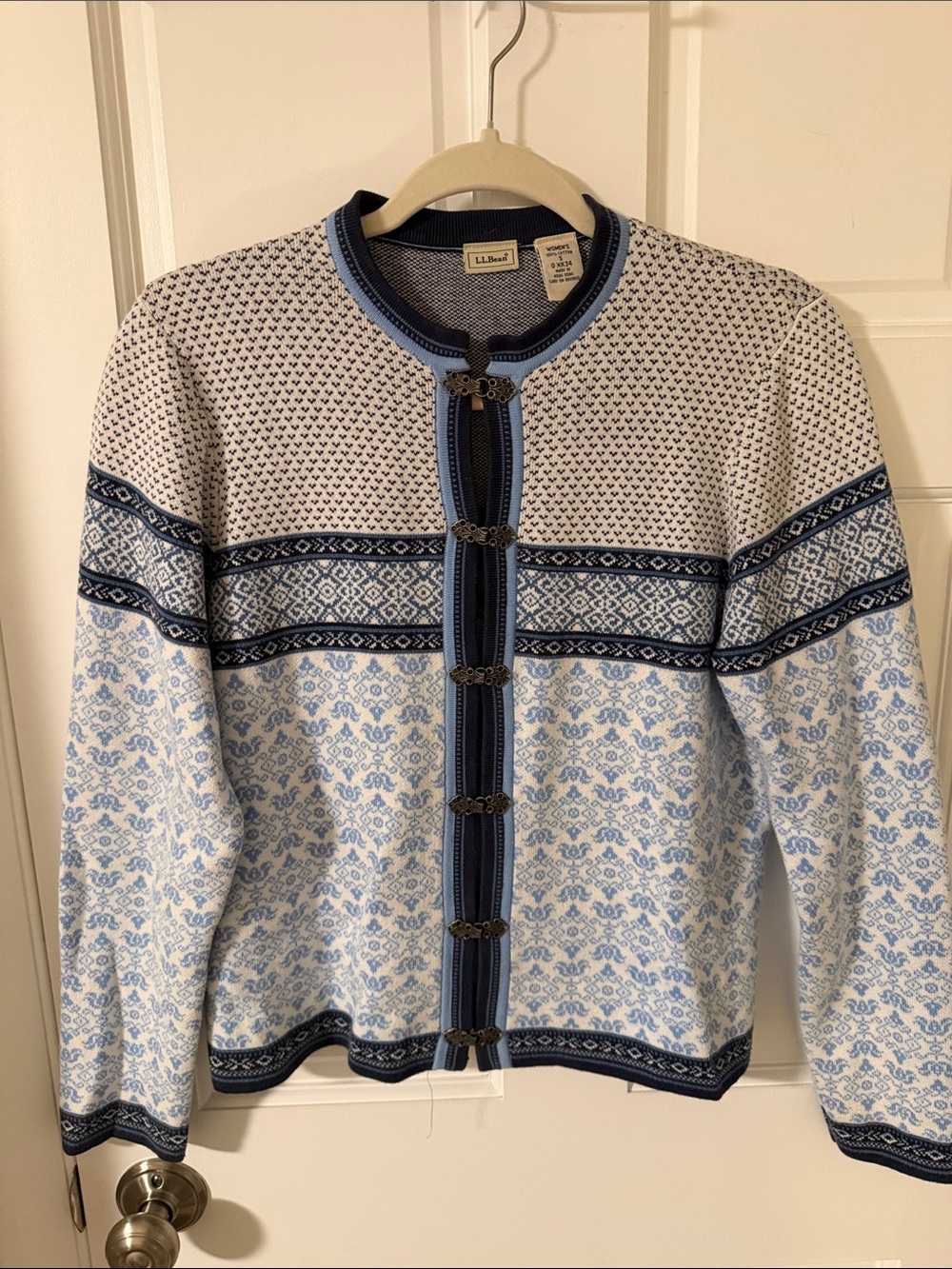 VTG L.L. Bean Nordic Cotton Cardigan Sweater Pewter Metal Clasps Blue/White S